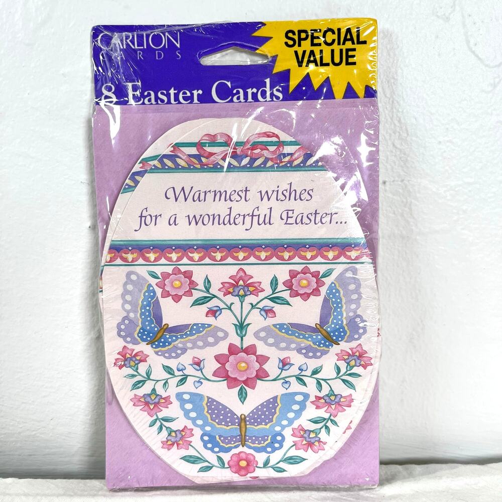 VTG 90s Easter Egg Carlton Cards 8 ct. w/ Envelopes Spring Floral Butterflies